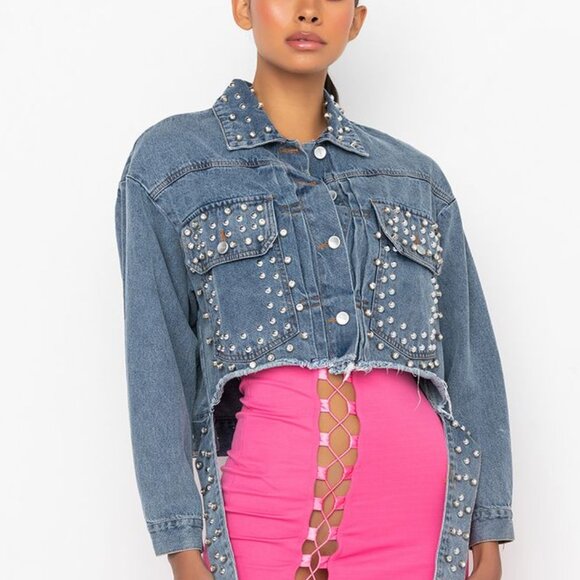 AZALEA  WANG PLAYER APPLIQUÉ RHINESTONE STUDDED DENIM JACKET SIZE  SIZE: LARGE - Picture 9 of 9